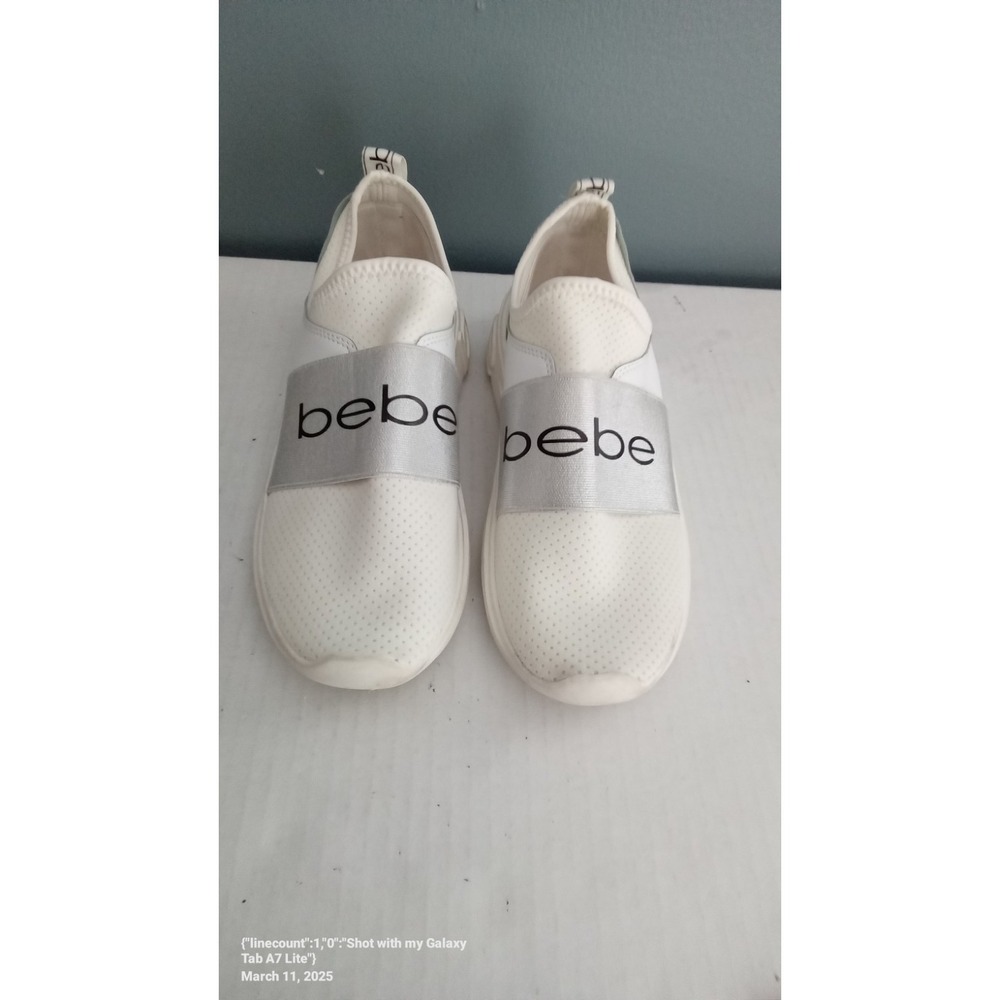 Bebe‎ Womens Slip On Sneakers White Silver Logo Elastic Strap Athletic Shoes 8.5